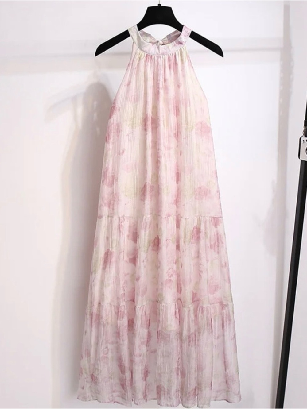 Water-colour Floral Halter Tiered Maxi Dress - Pastel Pink - Picture 9 of 12